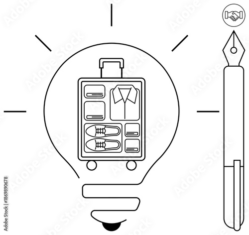 Travel and innovation concept. Travel essentials arranged inside a light bulb outline creativity and organization. Travel connects innovation with purposeful exploration. For tourism, planning