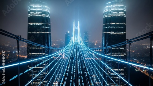 Futuristic cityscape with glowing neon lights and modern architecture