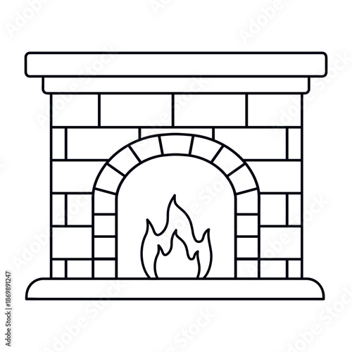 Fireplace line art illustration. Simple black outline with fire and bricks for coloring pages, kids activities, prints, cards and Christmas, holiday designs. Hand drawn. Vector. Isolated background.