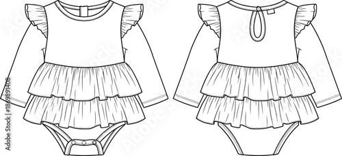 Infant Girls Long Sleeve Tutu Bodysuit Technical Flat Sketch, Baby Ruffle One Piece Apparel Template with Tiered Skirt Fashion Illustration