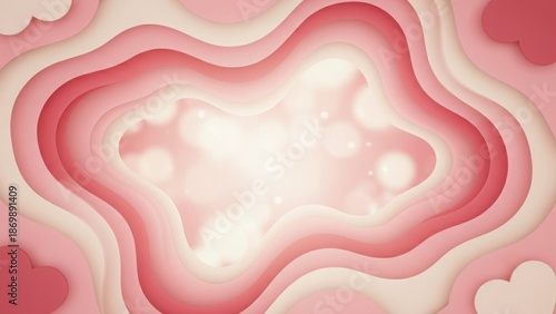 Pink Paper Cut Style Background with Layered Wavy Shapes and Bokeh Effect