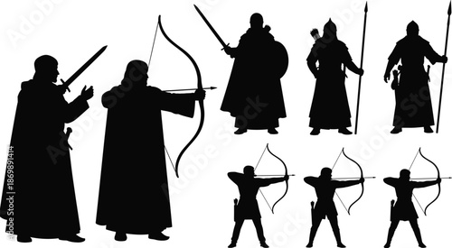 Medieval warrior silhouettes collection with ancient knight archer and soldier vector icons set including sword bow and spear poses for fantasy