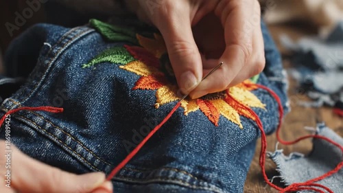 Wallpaper Mural Close-up of hands embroidering a sunflower onto denim fabric with red thread Torontodigital.ca