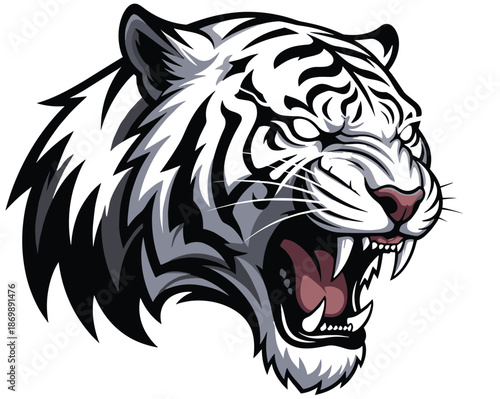Powerful white tiger head mascot, aggressive roaring siberian tiger vector illustration, fierce wild animal face logo for sports and gaming teams