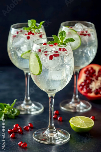 Gin and tonic glass with pomegranate