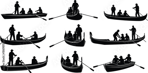 Set of Gondola and Rowing Boat Silhouettes with People Isolated on White Background for Venice Travel Tourism Romantic Italian Graphic Elements
