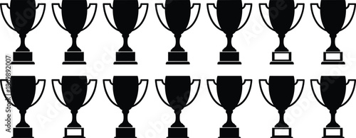 Set of gold trophy cup silhouettes for winners and champions, sports achievement icons, award prize collection isolated on white background.