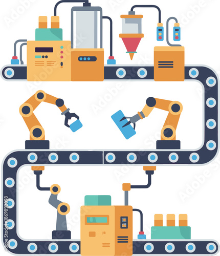 Automated assembly line illustration, robotic factory production system with conveyor belts machines arms, smart manufacturing workflow, industrial automation vector