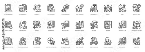 Actuarial Science line style icon set. Containing Actuarial Science, Risk Management, Probability, Insurance, Family Insurance, Premium Quality