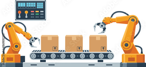 Robotic packaging assembly line illustration, automated factory conveyor with robotic arms handling boxes, smart logistics production system vector