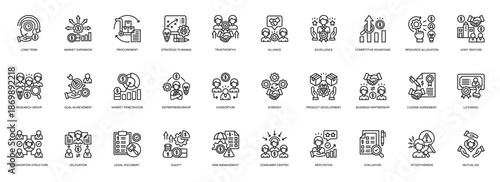 Entrepreneurship line style icon set. Containing Long Term, Market Expansion, Procurement, Strategic Planning, Trustworthy, Alliance