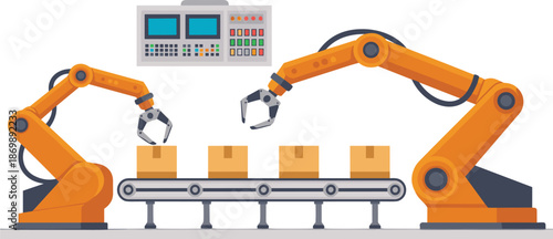 Robotic packaging assembly line illustration, automated factory conveyor with robotic arms handling boxes, smart logistics production system vector