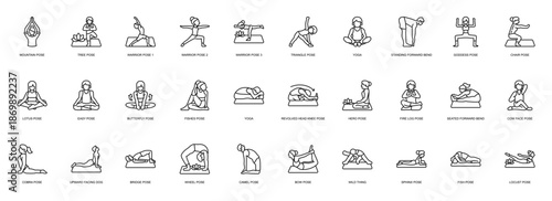 Yoga Pose line style icon set. Containing yoga, meditation, mindfulness, wellness, healthy lifestyle, fitness, relaxation