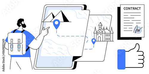 Travel planning concept. Travel involves navigation, contract agreements, and approval steps. Travel enhances itinerary creation, decision-making, collaboration, and adventure. For tourism