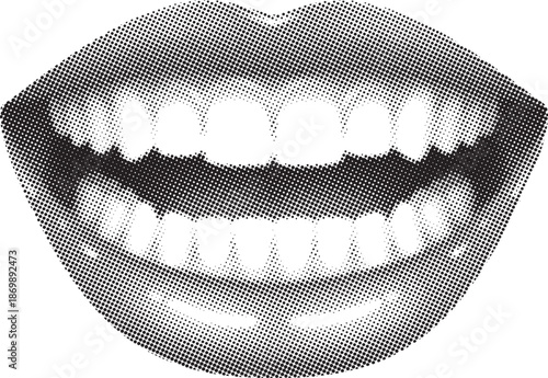 A stylized black and white halftone illustration of a smiling mouth with bright teeth