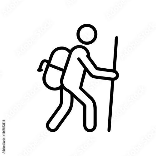Trekking enthusiast with a backpack and walking pole on a journey, outlined design on white background, copy space