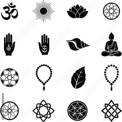 Black silhouettes of various Buddhist and yoga symbols and icons on white background