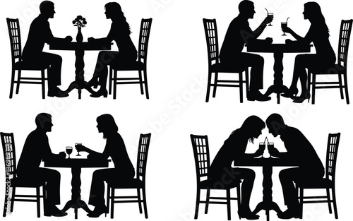 Silhouette set of a young romantic couple having a candlelit dinner date in a restaurant, talking, drinking wine, and kissing.