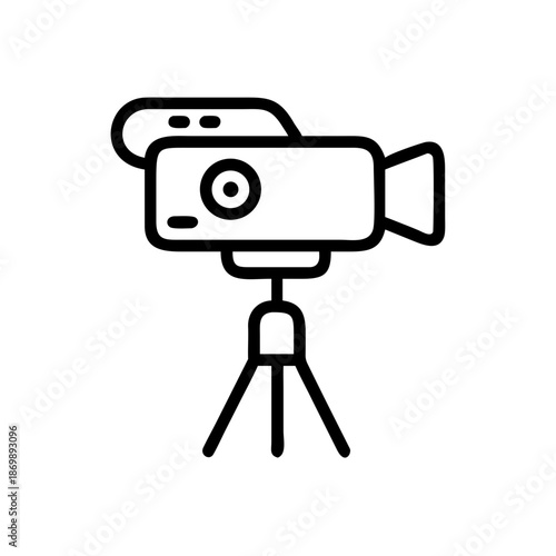 Camera for vacation filming and photography, outlined design on white background, copy space