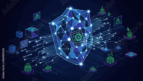 Digital network security concept with glowing polygonal shield protecting interconnected data servers and abstract cyber elements on a dark background