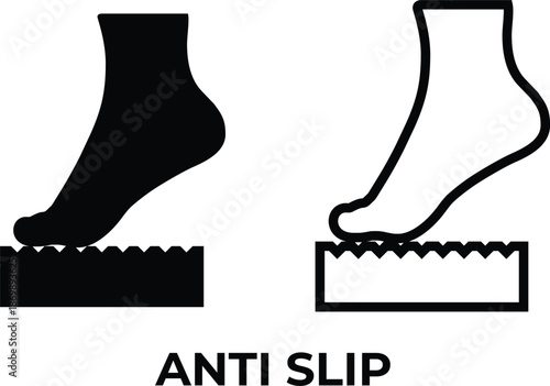 Isolated Black and White Anti Slip Vector Icon with Foot Symbol and 'ANTI SLIP' Text