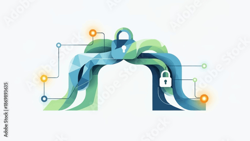 Digital security and connectivity concept with abstract network lines and padlocks