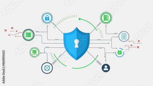 Cybersecurity concept illustration showing a central shield icon surrounded by various security-related icons