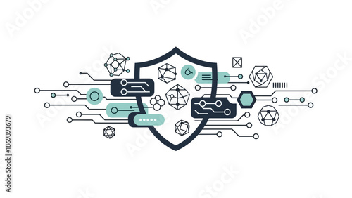 Cybersecurity Shield with Network and Geometric Shapes, Digital Data Protection Concept