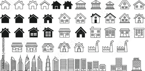 Building icon set, architectural symbol collection, residential and commercial structures, urban design pack, black silhouette illustrations