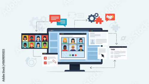 Remote team collaboration via virtual meeting platform on desktop. Online video conference for digital communication, efficient teamwork, and global project management