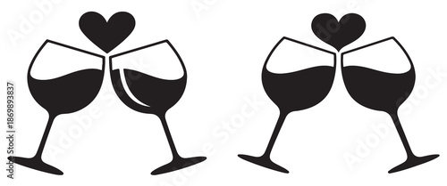 "Romantic Wine Glass Silhouettes – Clinking Pairs with Heart Symbols in Black on White"