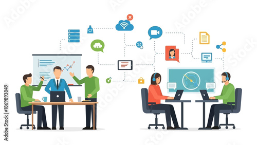 Business professionals collaborating and managing data in a connected digital ecosystem with cloud services and network technology for modern enterprise solutions