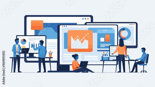 Team of professionals collaborating on digital business analytics, website development, and online marketing strategies for enhanced growth and performance