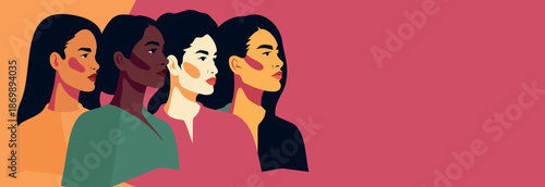 Vector banner women in profile, representing different ethnicities, nationalities, cultures. Symbol of unity, diversity, women's empowerment. Banner with space for text for Women's Day, March 8