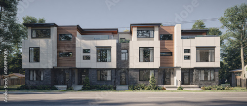 Modern Townhouses with Mixed Facade Materials and Large Windows
