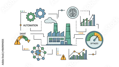 Conceptual illustration of industrial automation, smart manufacturing, and digital transformation, emphasizing data analysis and operational efficiency improvements