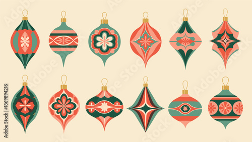 Vibrant Christmas Ornaments Set with Geometric Patterns