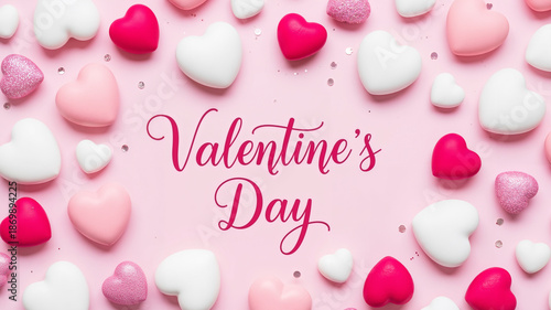 Valentine's Day decorations with pink, white, and red hearts on background