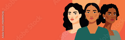 Vector banner with space for text for Women's Day, March 8th. Women of different nationalities, skin tones together. Symbol unity, diversity, gender equality, women's empowerment, feminism, freedom