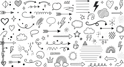 Hand-drawn doodle icon set, sketchy symbol collection, whimsical graphic elements, decorative design pack, creative illustration bundle