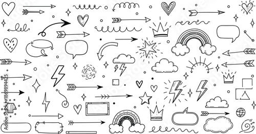 Hand-drawn doodle icon grid, sketchy symbol collection, whimsical graphic elements, decorative design pack, creative illustration bundle