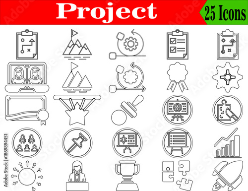 Project icons set, project management symbols, task planning icons, workflow organization graphics, business project outline icons, productivity and planning line icons collection