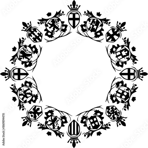 Elegant Maltese cross shield emblem with crown and floral wreath, vintage heraldry, perfect for family crests, logo design, or invitations