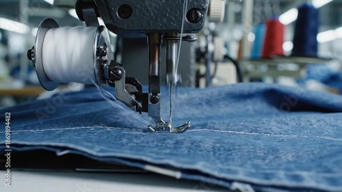 Wallpaper Mural Close-up of hands sewing denim fabric on a sewing machine in a factory Torontodigital.ca