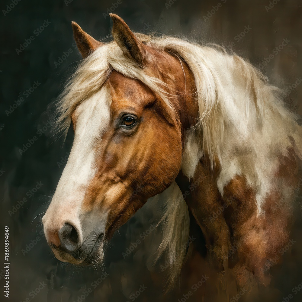 Fototapeta premium Elegant brown horse with flowing white mane in dramatic soft lighting portrait for stock
