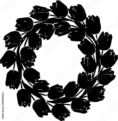 Elegant tulip wreath design element, ideal for invitations, cards, and sophisticated branding projects needing a touch of floral beauty and timeless style