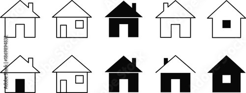 House icon grid, architectural matching puzzle, residential design comparison, black and white homes, visual recognition layout, graphic symbol set