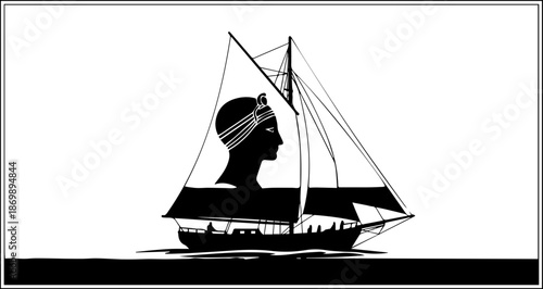 Elegant silhouette of Cleopatra sailing ancient seas, evoking timeless beauty and historical allure, ideal for travel, history, or artistic projects