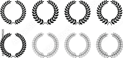 Laurel wreath icon collection, victory symbol set, black and outline designs, award emblems, decorative graphic elements, achievement illustration pack