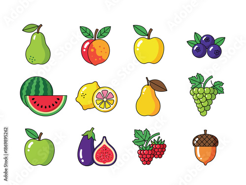 Colorful Fruit and Nut Vector Illustrations